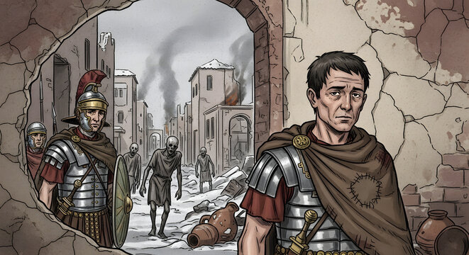 Roman soldiers standing amidst the ruins of a destroyed ancient city during a war