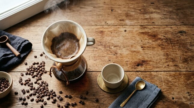 Pour over coffee setup on rustic wooden table.