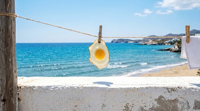 Single fried egg clipped to clothesline over coastal wall with turquoise sea background, clothespin and shadow on white parapet framing bright summer shoreline and relaxed outdoor concept