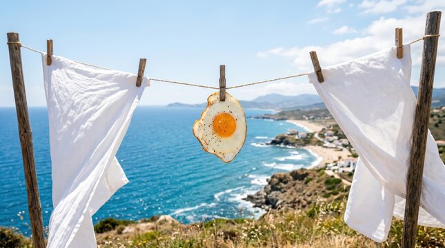 Sunny coastal scene with fried egg pinned to clothesline between white linens above rugged shoreline, clothespins and wooden posts framing turquoise ocean vista and casual summer laundry composition