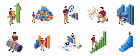 Naklejka premium Isometric Business Metaphors Set Featuring Data Analysis Strategy Success and Growth Illustrations