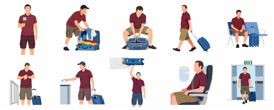 Man traveling sequence and airport activities flat vector illustration set from packing to arrival