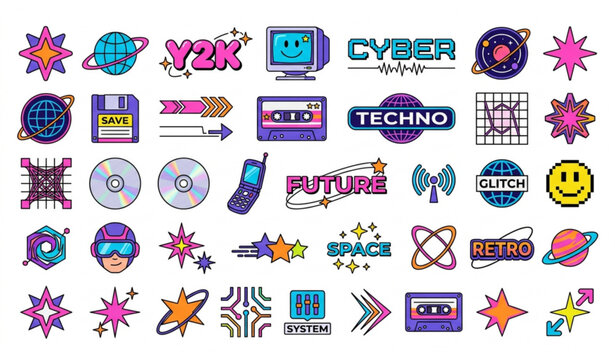 Y2K Futuristic Symbol Collection Cyber Typography Stars and Globes Vector Illustration