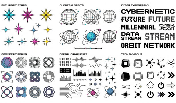 Retro Futuristic Y2K Graphic Elements Cyber Stars and Geometric Symbols Vector Collection