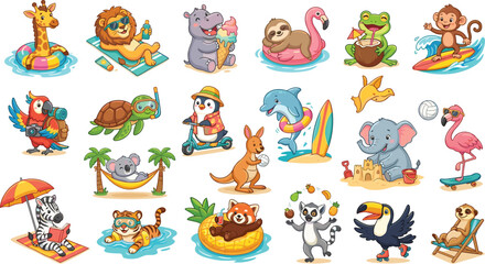Fototapeta premium Adorned Cartoon Wild Animal Sticker Set Featuring Happy Creatures Sunbathing, Swimming, Surfing, and Eating Ice Cream for Kids Beach Party Invitation Graphics
