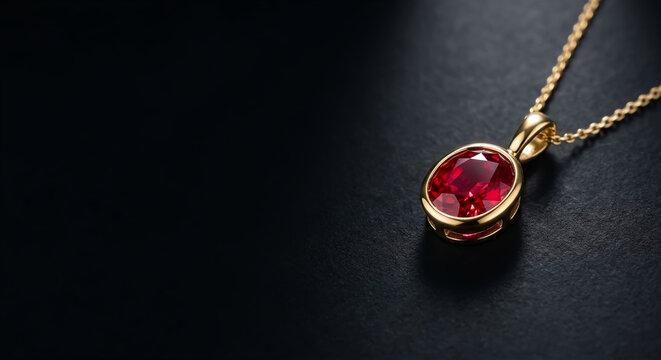 Ruby pendant necklace on the right side of a black background