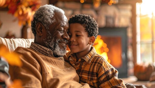 Grandfather and grandson embrace warmly by a fireplace with autumn decor, sharing a tender moment