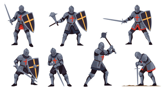 Detailed set of medieval knight character sprites in full plate armor holding various weapons like swords and maces in different poses.