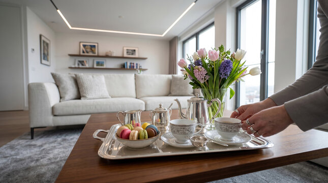 Elegant afternoon tea service with colorful macarons and fresh spring flowers in a modern living room