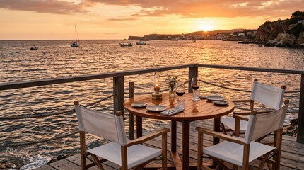 Obraz premium Wooden round dining table with chairs on coastal terrace overlooking bay at sunset, set with plates, glasses and wine for outdoor dinner in warm golden light and calm sea view.