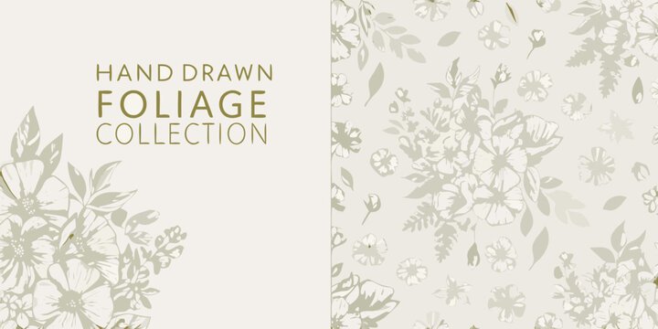 Floral ornament with sketched leaves and blossoms a repeating botanical pattern on a light background