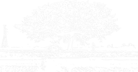 Detailed outline of a large tree with a distant tower and field landscape, white background © Snigdha