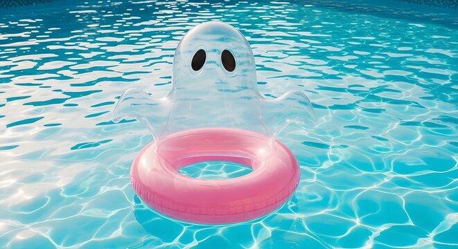Transparent inflatable ghost pool float with a pink ring floating on clear blue swimming pool water