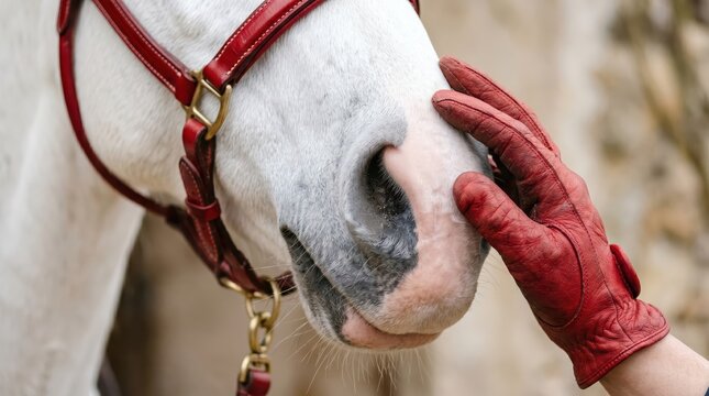Close up of white horse muzzle being gently touched by hand in red leather glove, equine halter visible and emphasis on tactile bond between handler and animal in stable setting