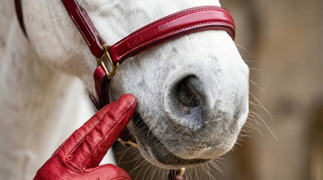 Detailed close up of white horse muzzle with red halter as gloved hand points at nostril, highlighting texture of hair, skin and leather while handler examines animal in calm moment