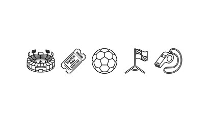 Soccer match day line icons set with stadium ticket ball corner flag and referee whistle vector © MdSuzan