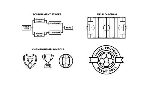 Football tournament stages bracket, field diagram layout and championship symbols vector set