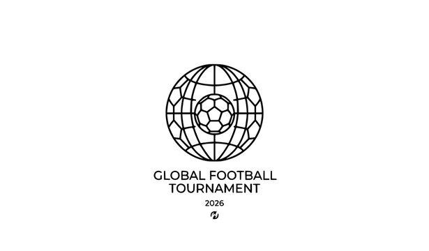 Global football tournament 2026 logo concept with soccer ball inside world globe grid line art vector