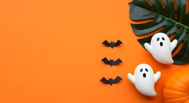 Halloween decoration with ghosts, bats, and pumpkin on orange background