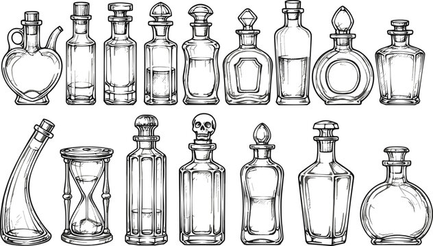 Vintage Glass Bottles and Alchemist Potion Vials Vector Set with Skull Cap Hourglass and Magic Elixir Elements for Gothic Halloween Designs