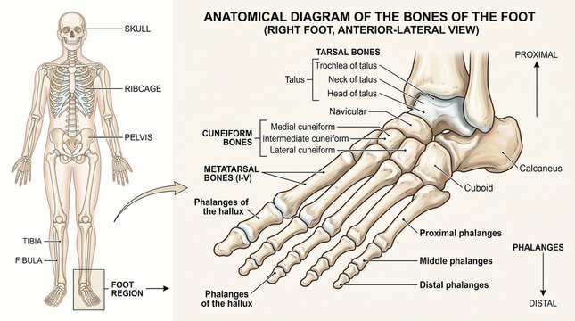 Anatomical diagram of the human foot bones, anterior-lateral view, with skeletal system reference labels