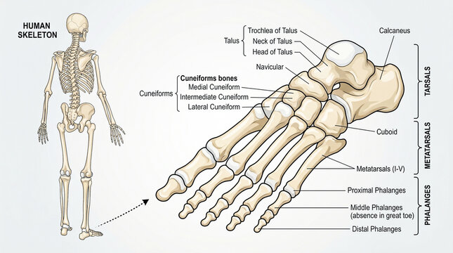 Anatomical diagram of the human skeleton focusing on the bones of the foot and tarsal structure labels