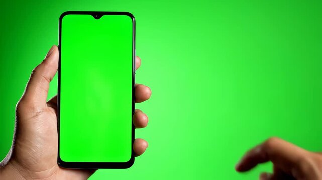 Interactive Mobile Experience: Hand holding a smartphone with a green screen and pointing finger on a green background, ideal for app demonstrations and digital marketing content.