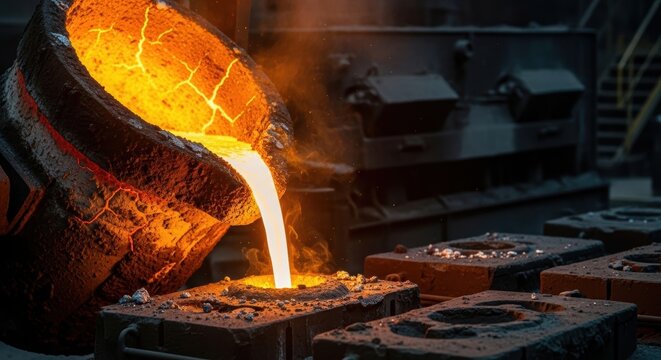 Molten metal pouring into mold in industrial foundry with glowing orange heat