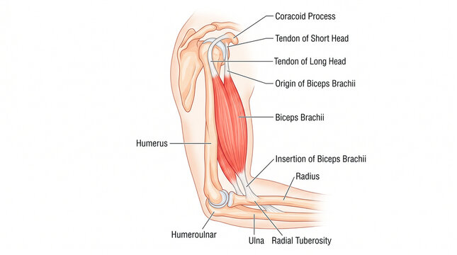 Anatomical of the biceps brachii muscle, origins, and insertion points on the human arm bone