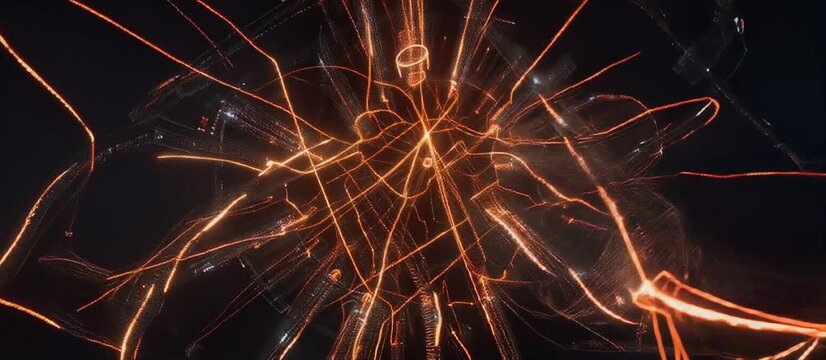 Abstract geometric golden energy nucleus expanding into complex glowing network sequences