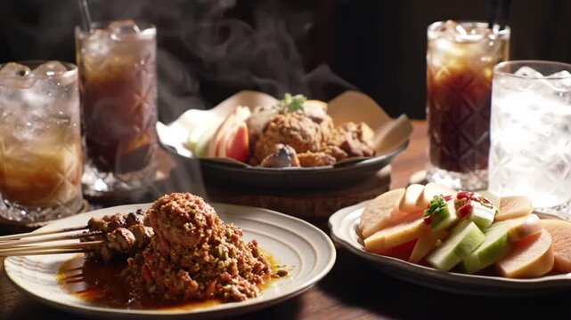 A beautifully arranged selection of delicious food and refreshing beverages displayed on a dining table. This high-quality footage showcases a variety of meals, drinks, and culinary details, creating 