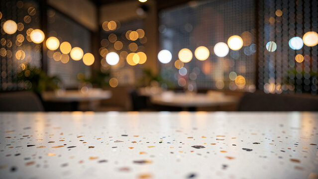 Terrazzo Tabletop With Embedded Marble Flecks on Chic Rooftop Lounge with Ambient Warm Uplighting Lu