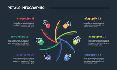 Naklejka premium Flower Petals cycle infographic process diagram with single line curve spreading circular direction with circle point with dark background bright outline style 6 points