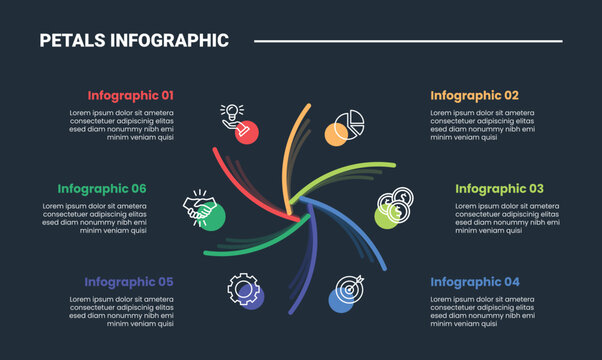 Flower Petals cycle infographic process diagram with single line curve spreading circular direction with circle point with dark background bright outline style 6 points