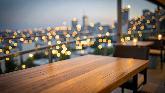 Warm Teak Wood Outdoor Table on Luxury Hotel Rooftop Terrace Overlooking Urban Metropolis Luxury Cit