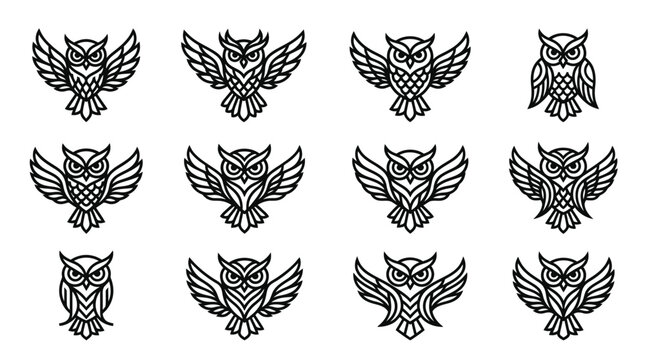 Collection of owl illustrations flying.