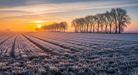 Sunrise over frozen field and row of trees landscape scenic panorama © deso