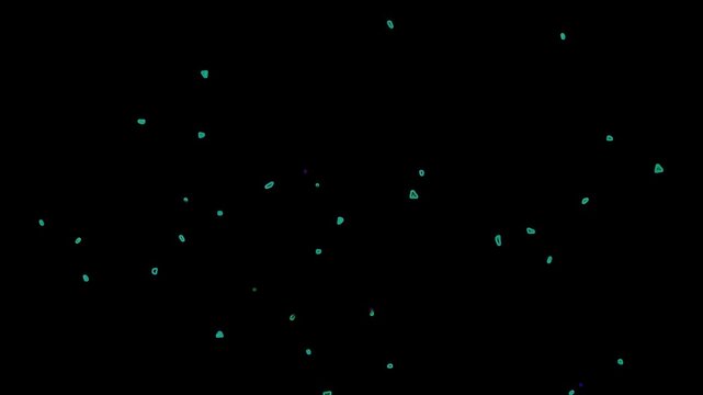 Neon teal geometric triangle particles floating on black background, motion