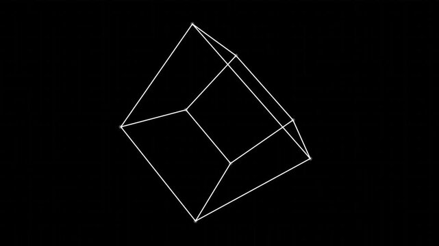 Abstract white wireframe cube rotating and transforming on a black background