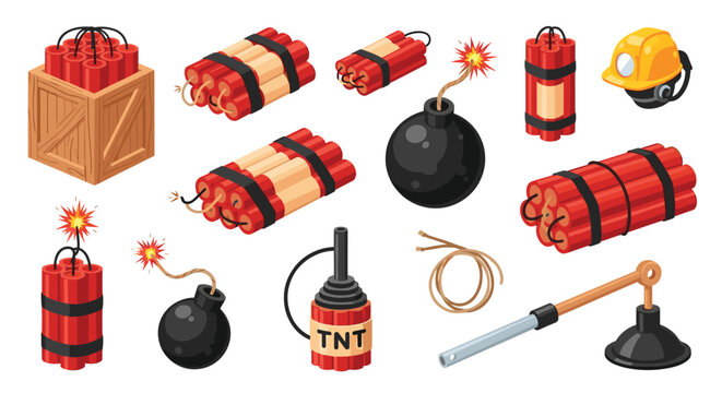 Isometric set of explosive items including dynamite sticks and bombs and TNT boxes with a blasting machine for mining or demolition.