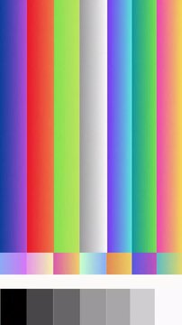 Standard broadcast television color bar test pattern for signal calibration and display adjustment with grayscale reference