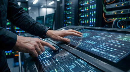 Naklejka premium Technician hands interacting with a complex digital control panel interface.