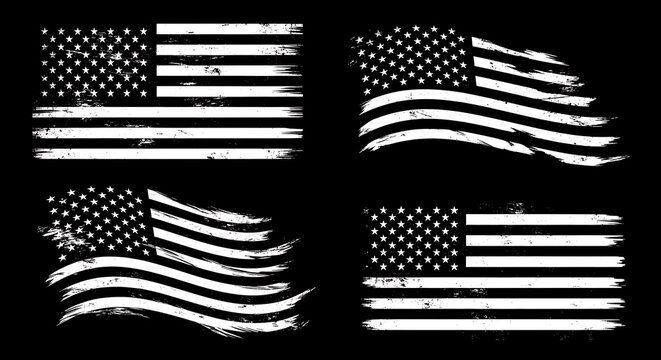 Set of four distressed american flag in white on a black background, featuring static and waving flag for patriotic