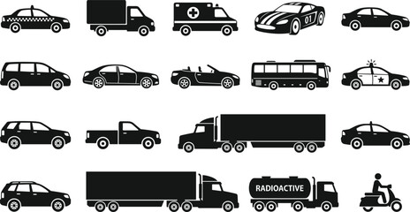Transportation Vehicle Silhouette Icon Set Featuring Cars Trucks Emergency Vehicles Bus Scooter and Logistics Fleet © Akhi999