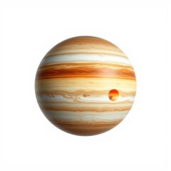 Fototapeta premium Gas giant planet with striped atmosphere. Orange hues dominate surface, featuring visible storm system. Round shape, isolated on white background.