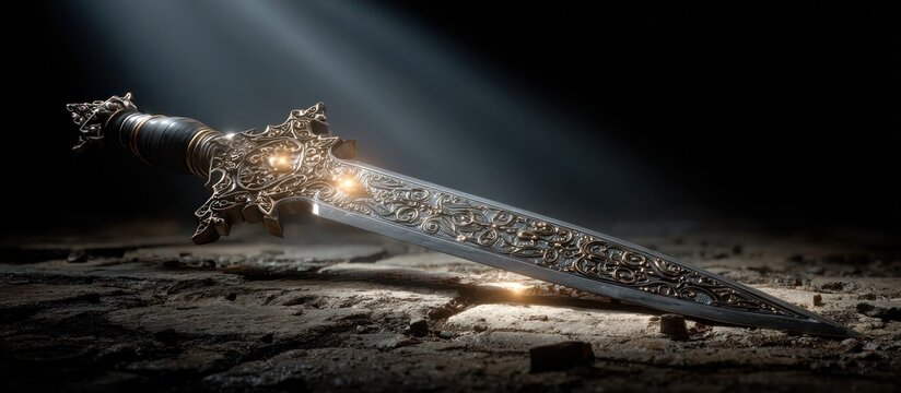 Ornate dagger bathed in ethereal light on a rough textured surface