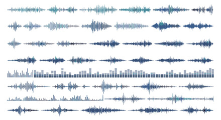 Fototapeta premium Diverse range of digital audio sound wave patterns and frequency equalizer visualizations representing music, voice, or noise signals.