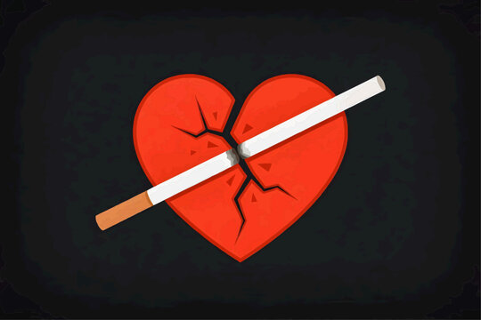 Flat vector illustration - the concept of a broken heart caused by a cigarette, a symbol of the dangers of smoking