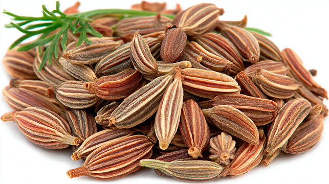 Heap of aromatic cumin seeds on white background with dill herb culinary arts aromatic culinary