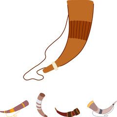 Obraz premium Decorated drinking horn and battle horns illustration, depicting various historic cultural instruments used for drinking and signaling, isolated on a clean white background